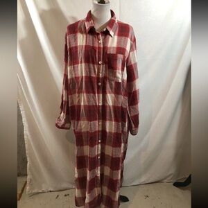Zanzea Red Plaid Long Sleeve Button Up Dress - Womens 5XL, Bust 26”, Length 52”